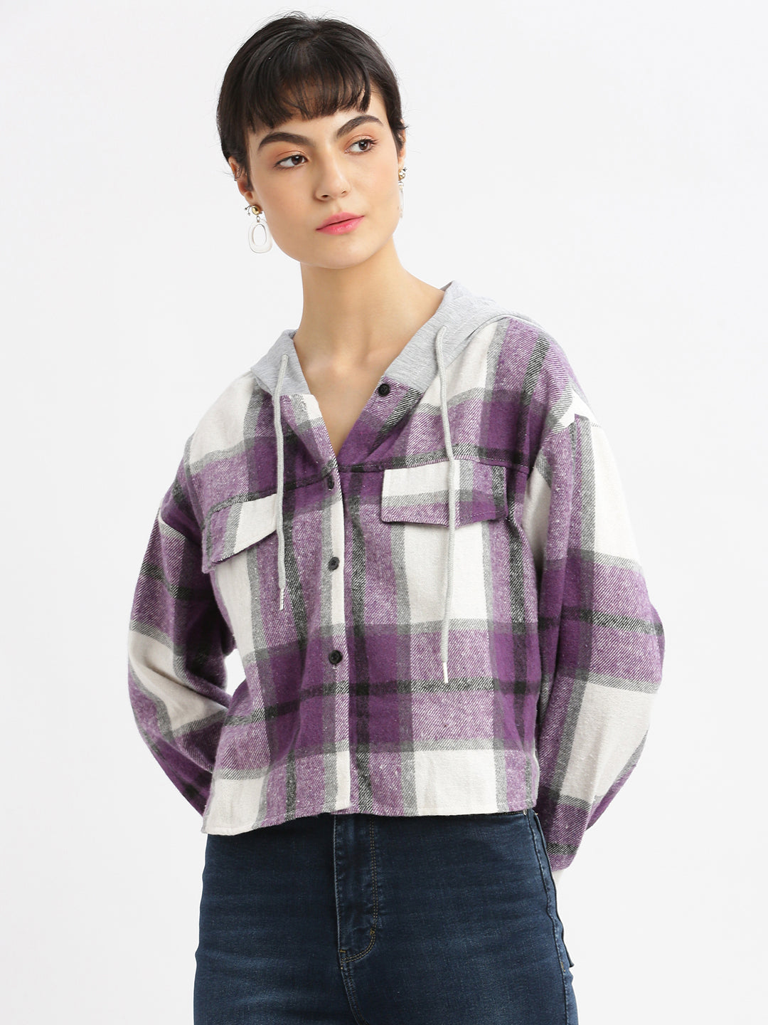 Women Checked Hooded Purple Oversized Shirt