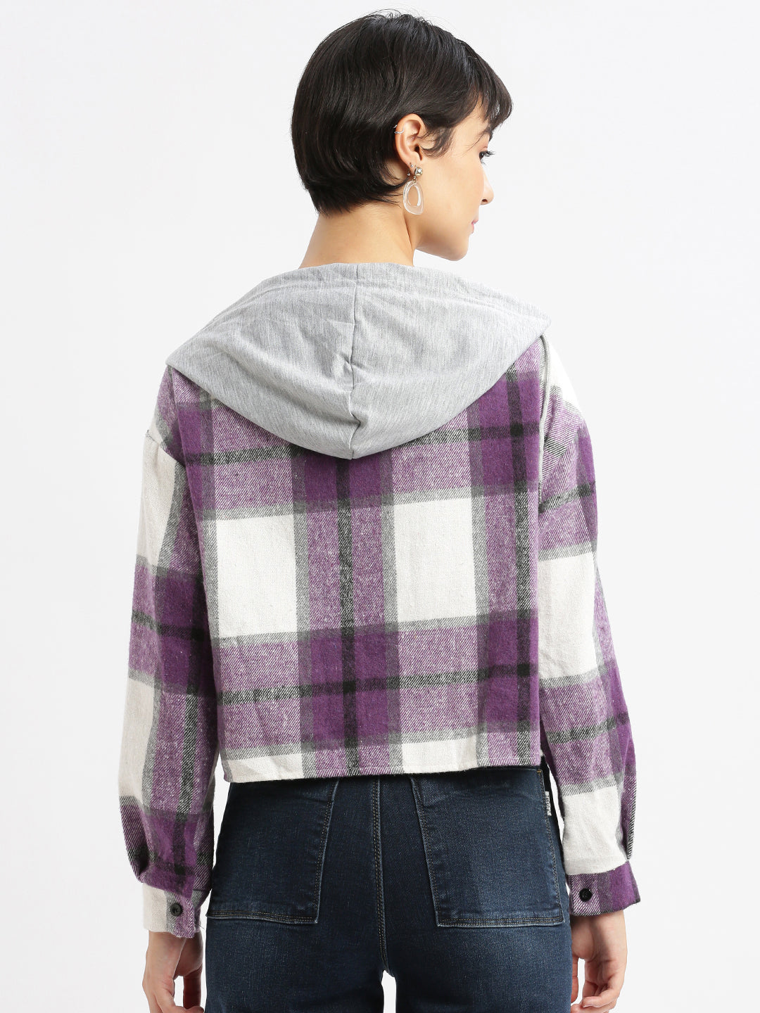 Women Checked Hooded Purple Oversized Shirt