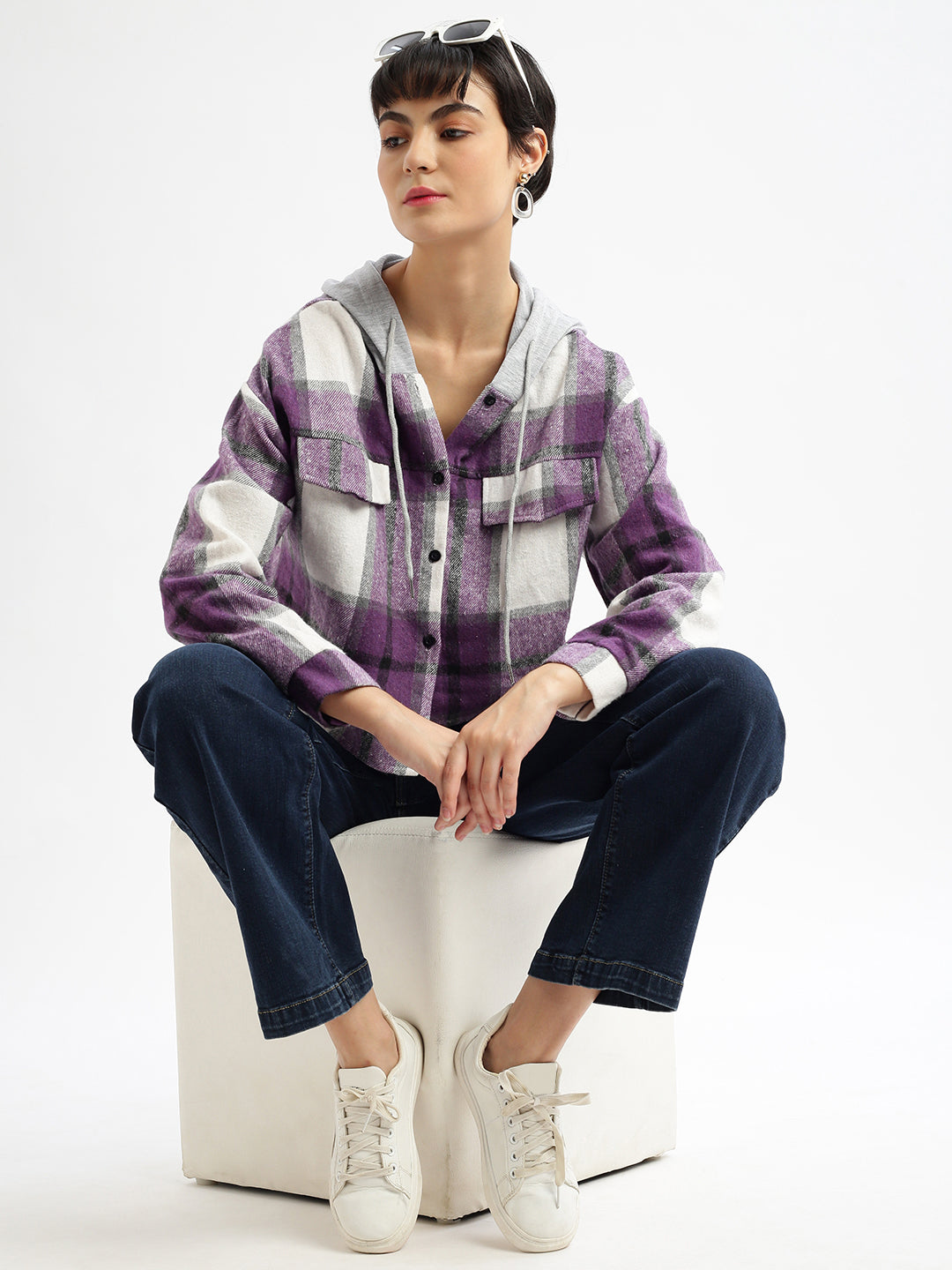 Women Checked Hooded Purple Oversized Shirt