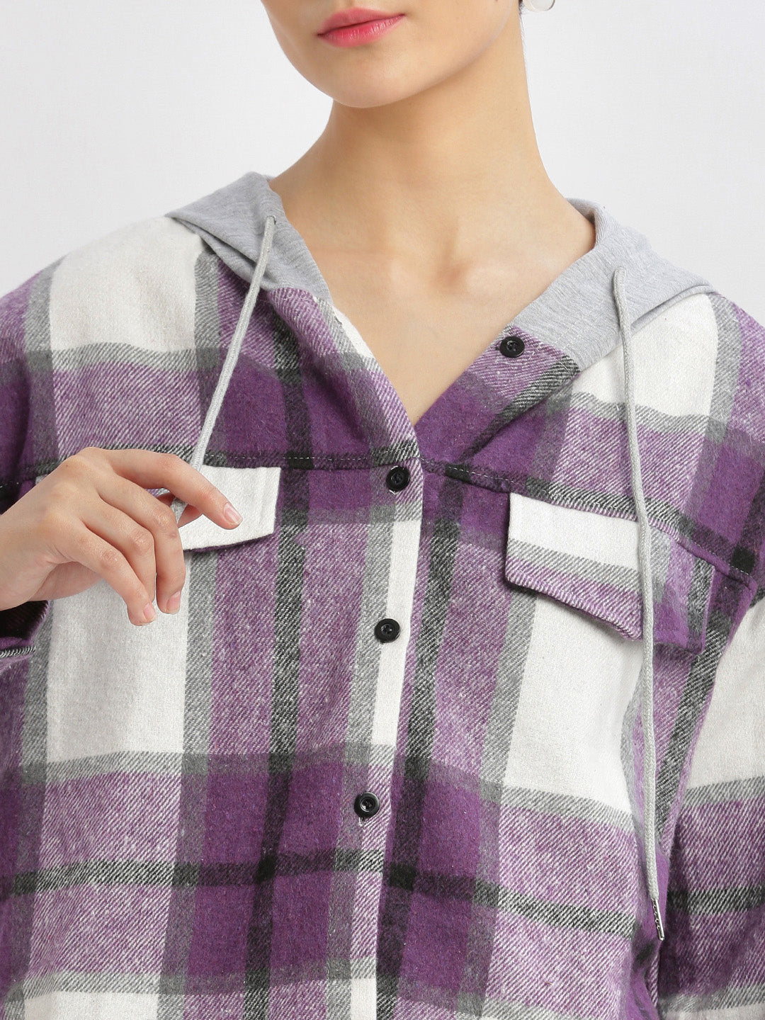 Women Checked Hooded Purple Oversized Shirt