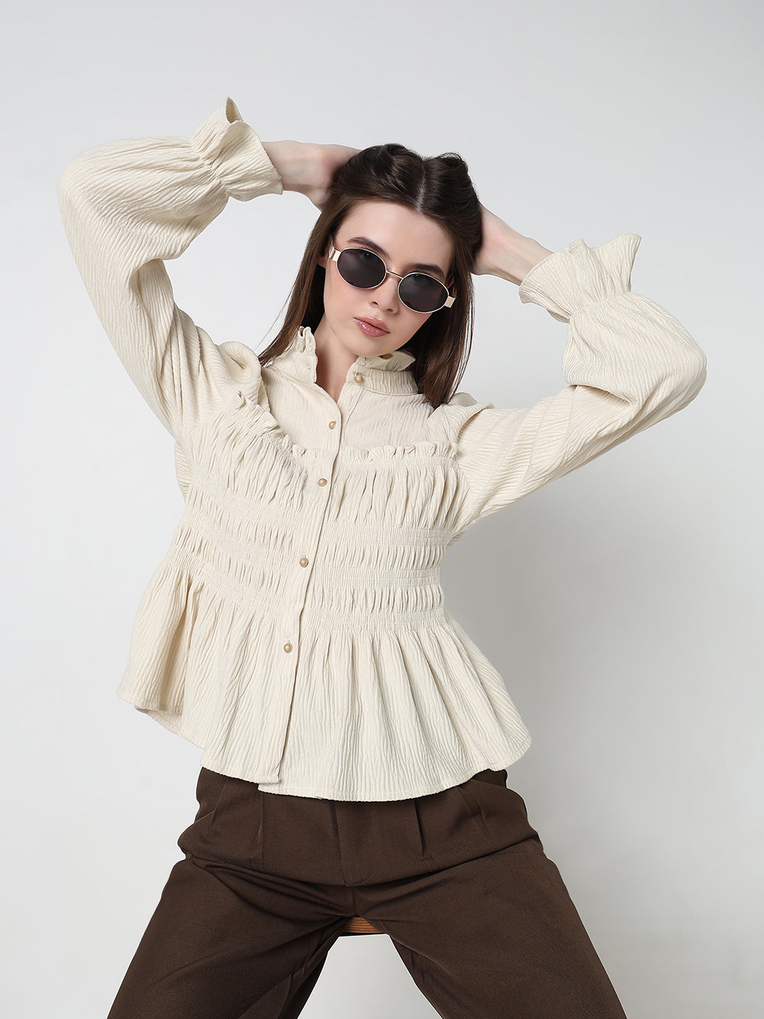 Women's Cream Mandarin Collar Shirt Style Top