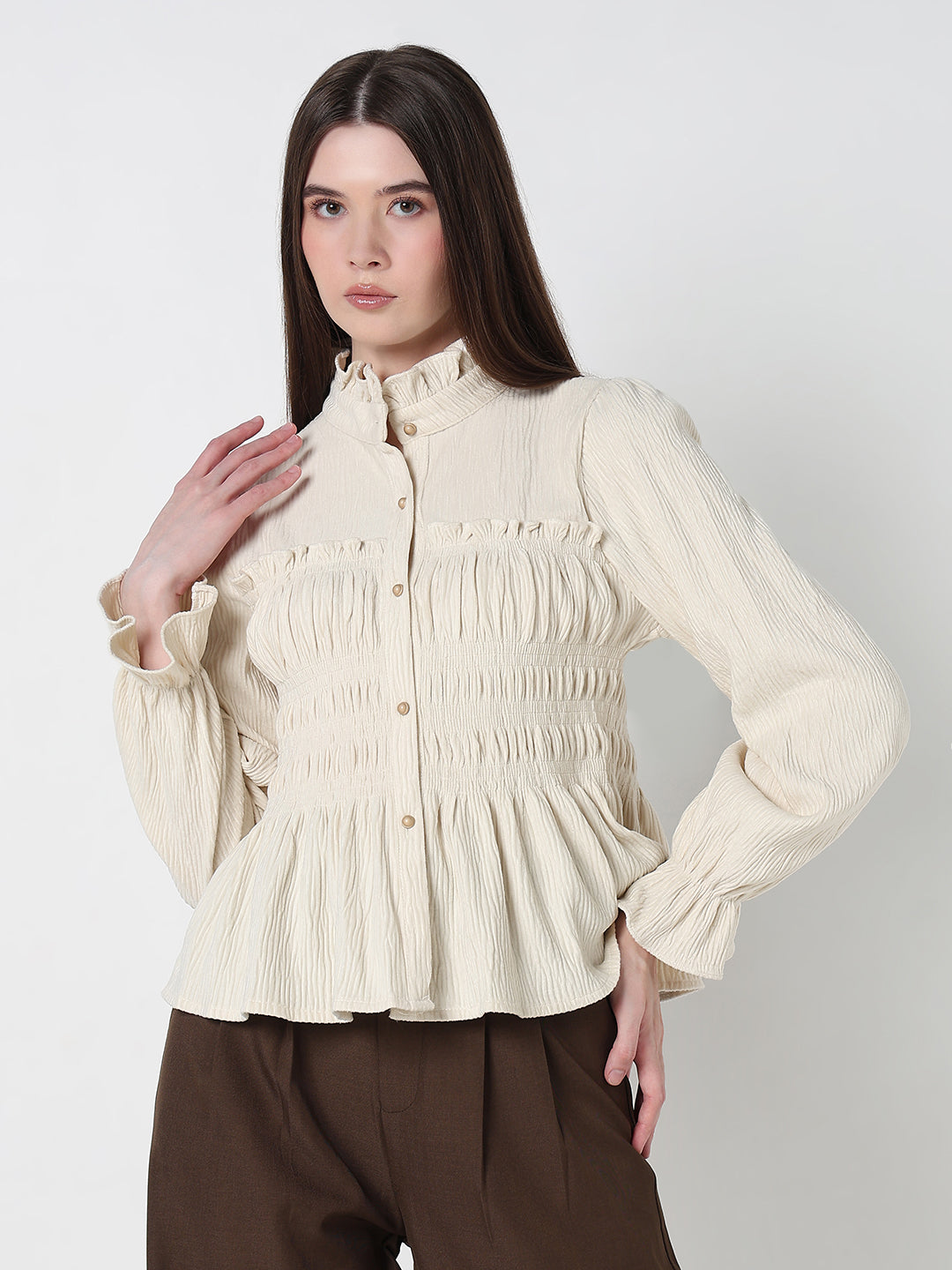 Women's Cream Mandarin Collar Shirt Style Top