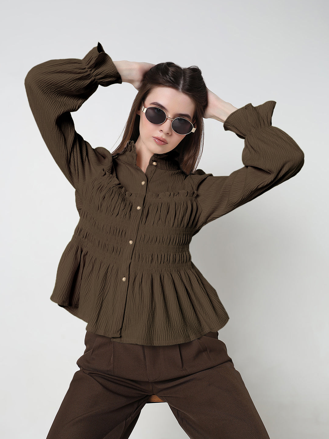Women's Olive Ruffle Neck Peplum Top