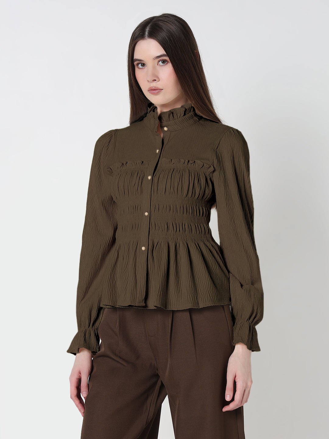 Women's Olive Ruffle Neck Peplum Top