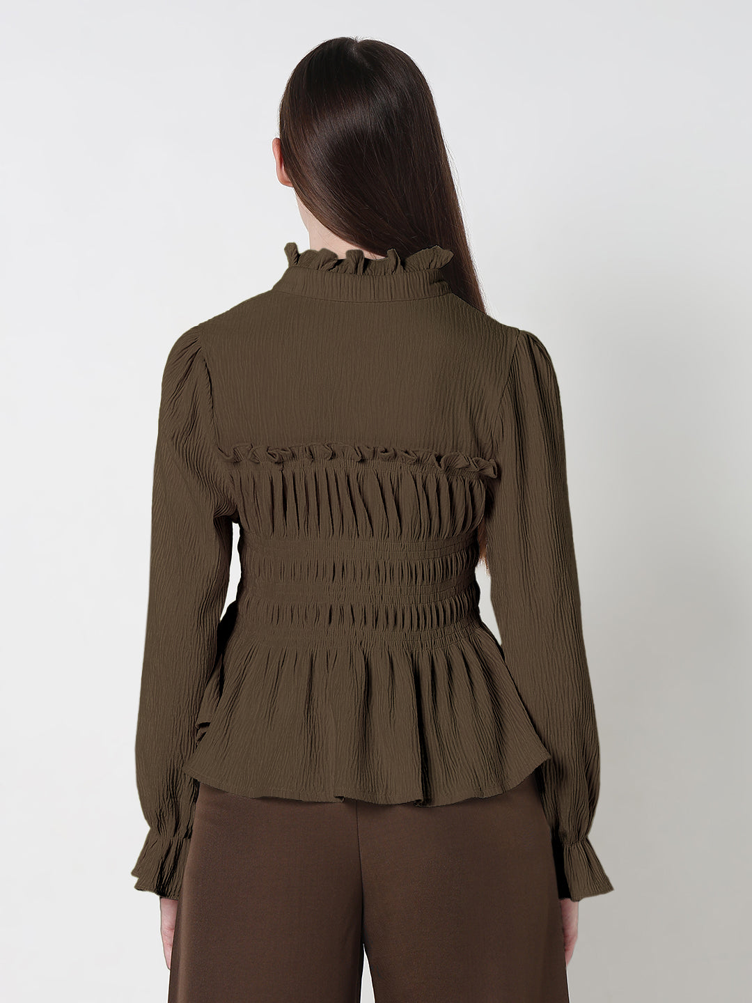 Women's Olive Ruffle Neck Peplum Top