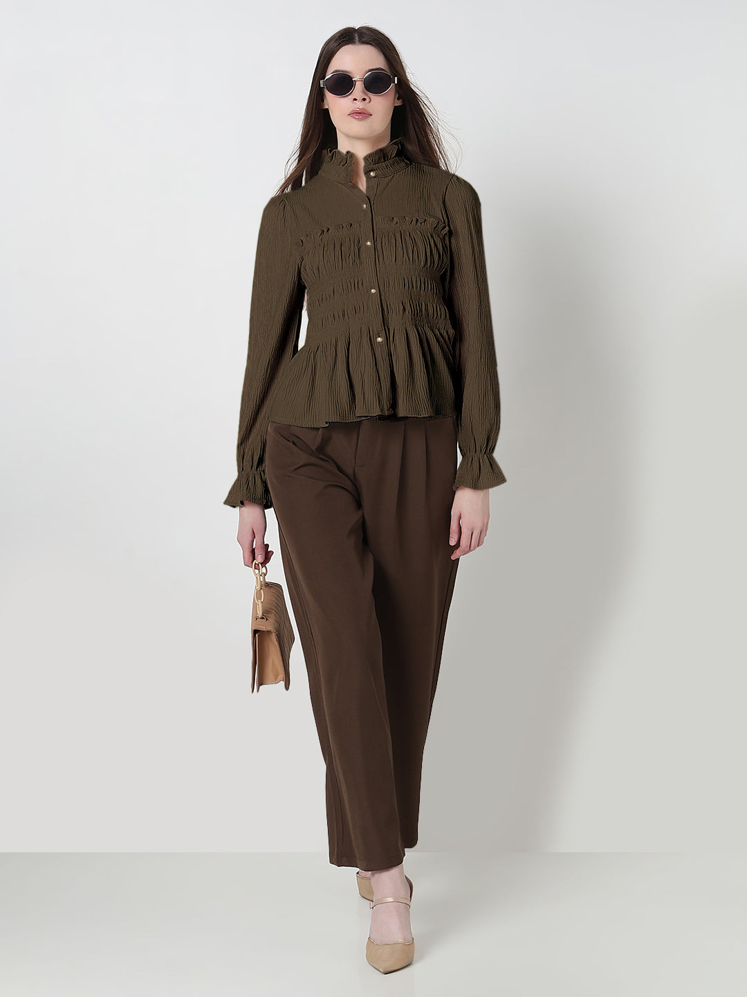 Women's Olive Ruffle Neck Peplum Top