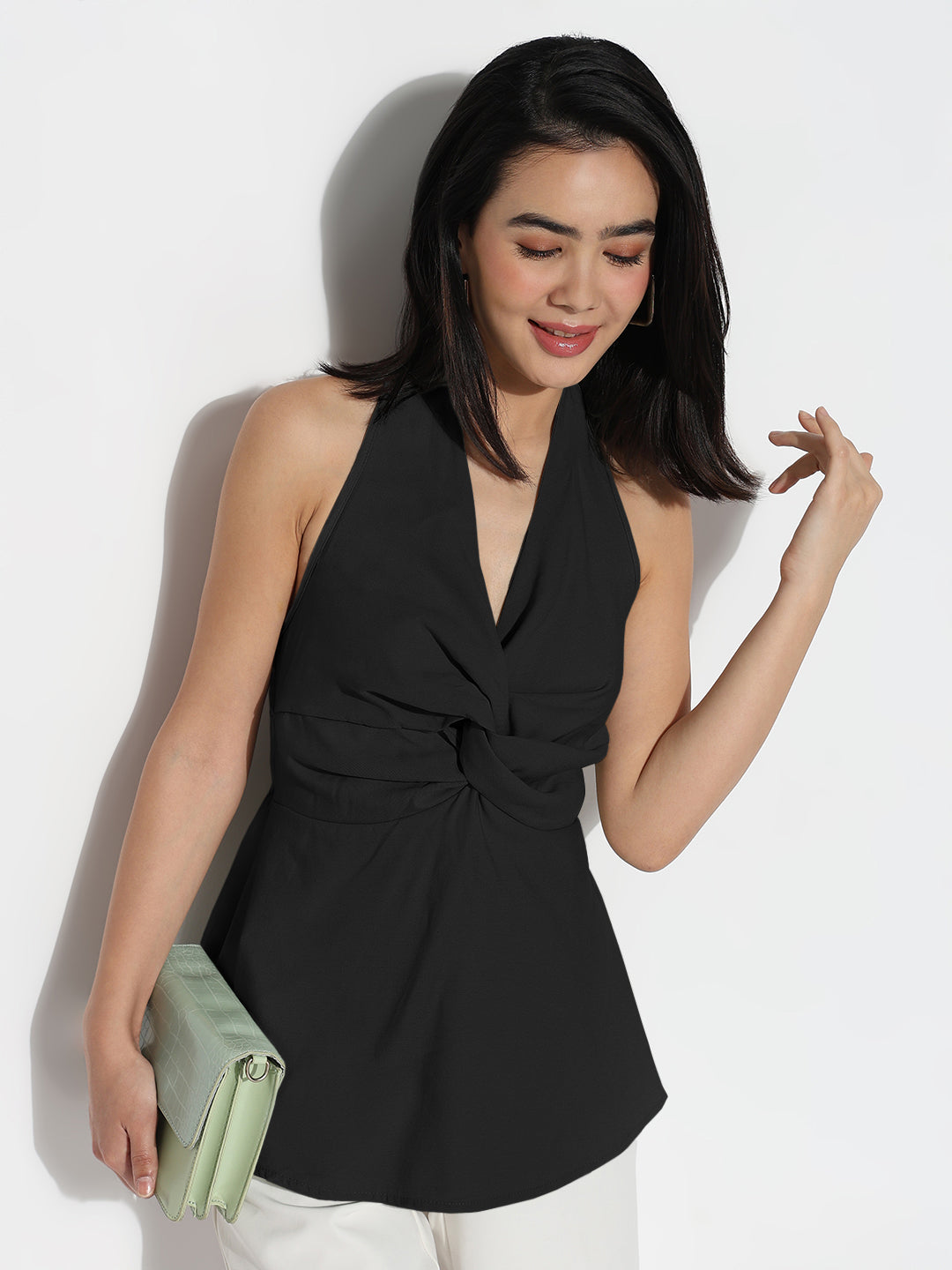 Women's Draped Black Halter Neck Sleeveless Peplum Top with Smocked Back