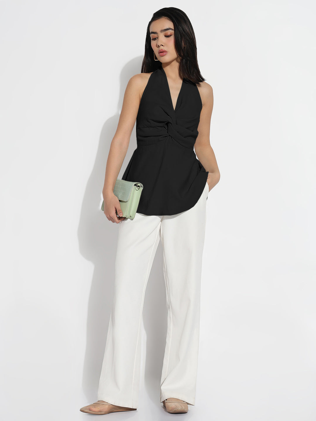 Women's Draped Black Halter Neck Sleeveless Peplum Top with Smocked Back