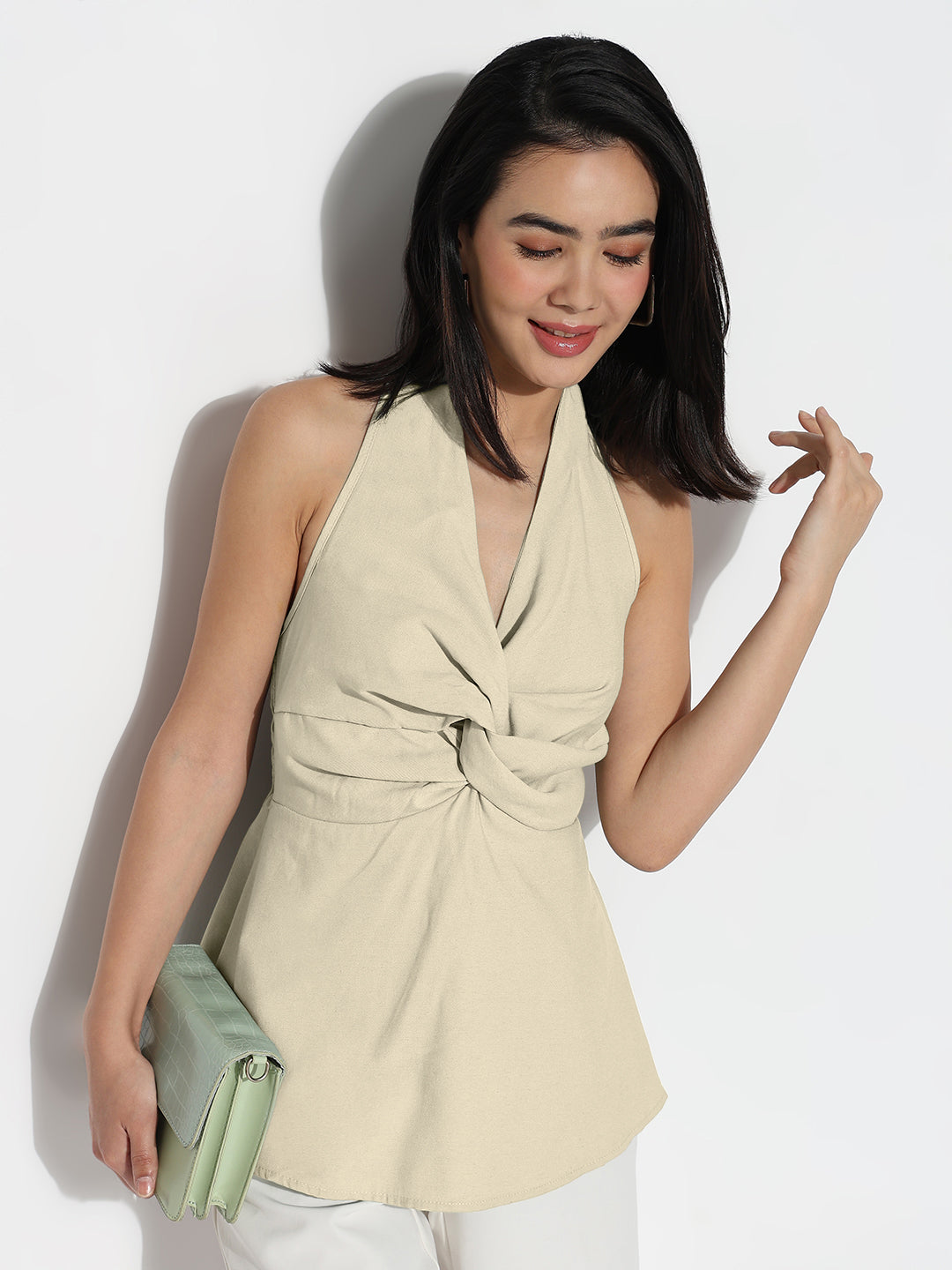 Women's Draped Beige Halter Neck Sleeveless Peplum Top with Smocked Back