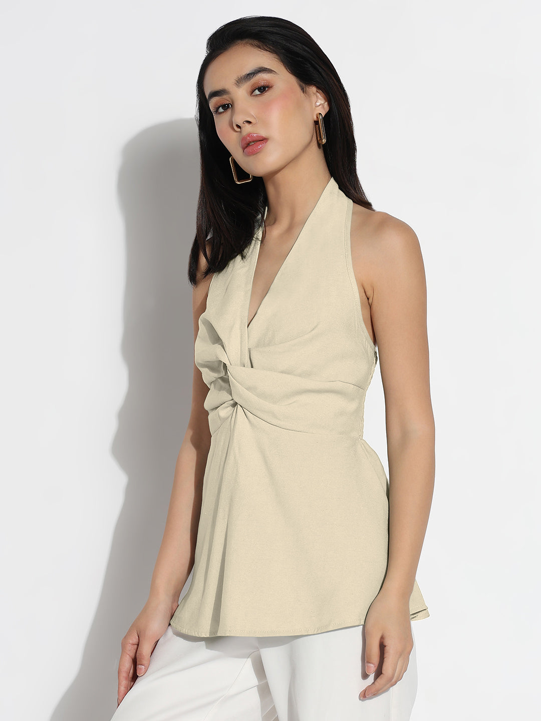 Women's Draped Beige Halter Neck Sleeveless Peplum Top with Smocked Back