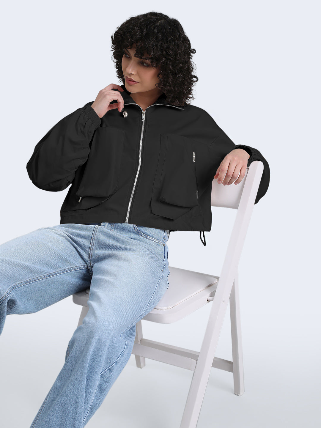 Women's Black Bomber Zipper Jacket with Utility Pockets