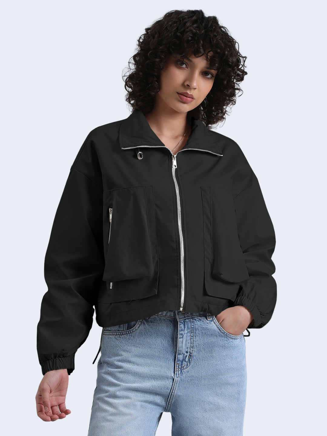 Women's Black Bomber Zipper Jacket with Utility Pockets