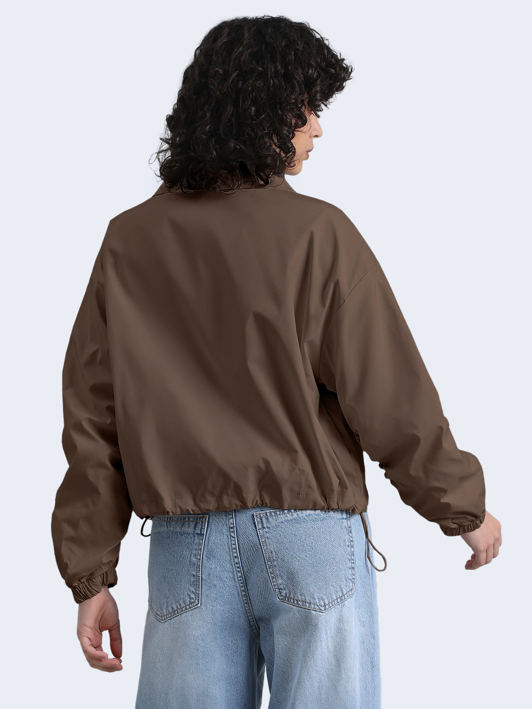 Women's Brown Bomber Zipper Jacket with Utility Pockets