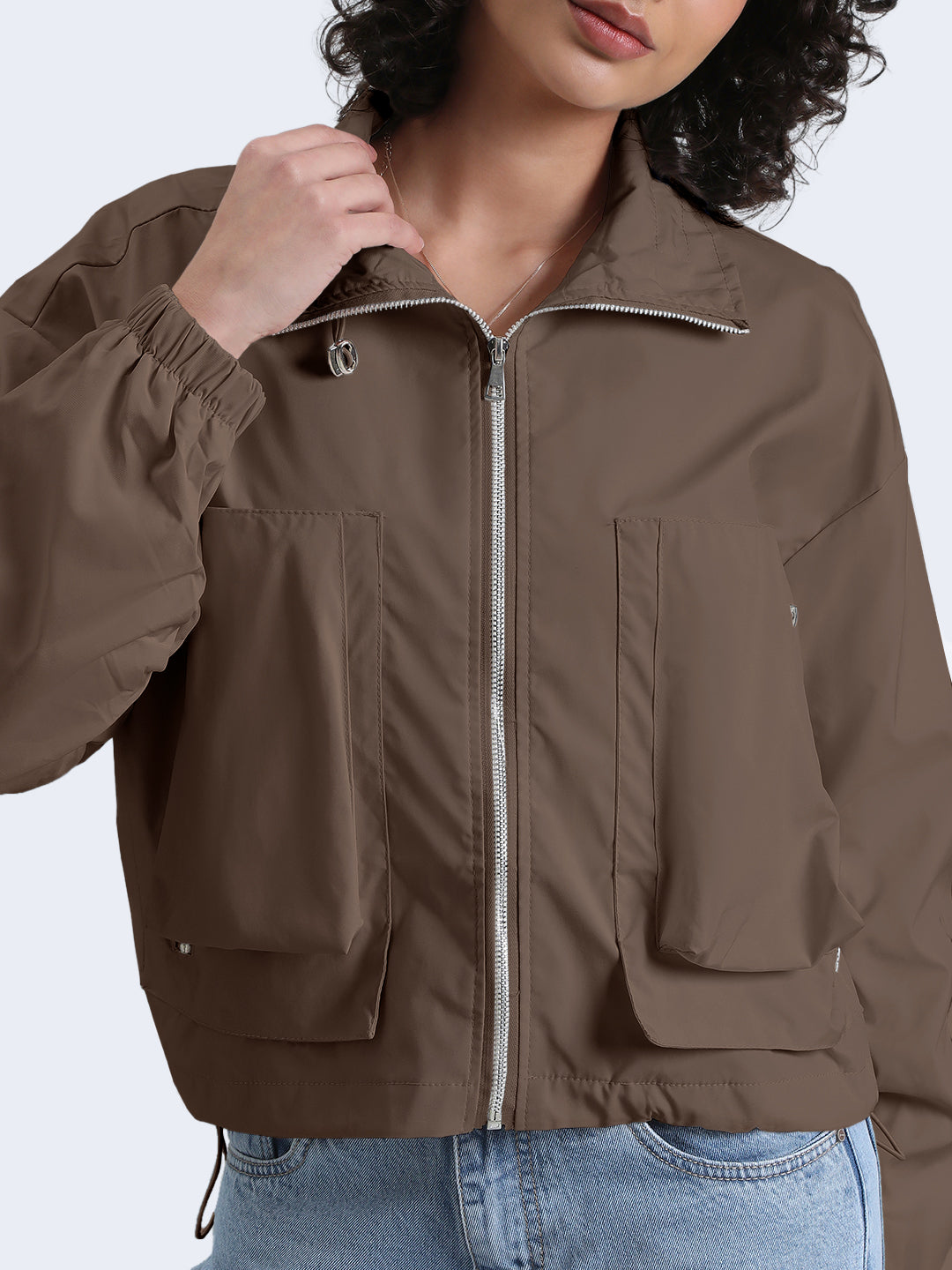 Women's Brown Bomber Zipper Jacket with Utility Pockets