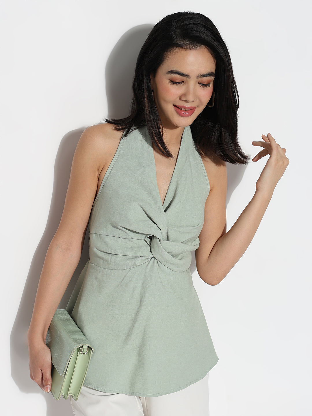 Women Halter Neck Green Solid Peplum Top