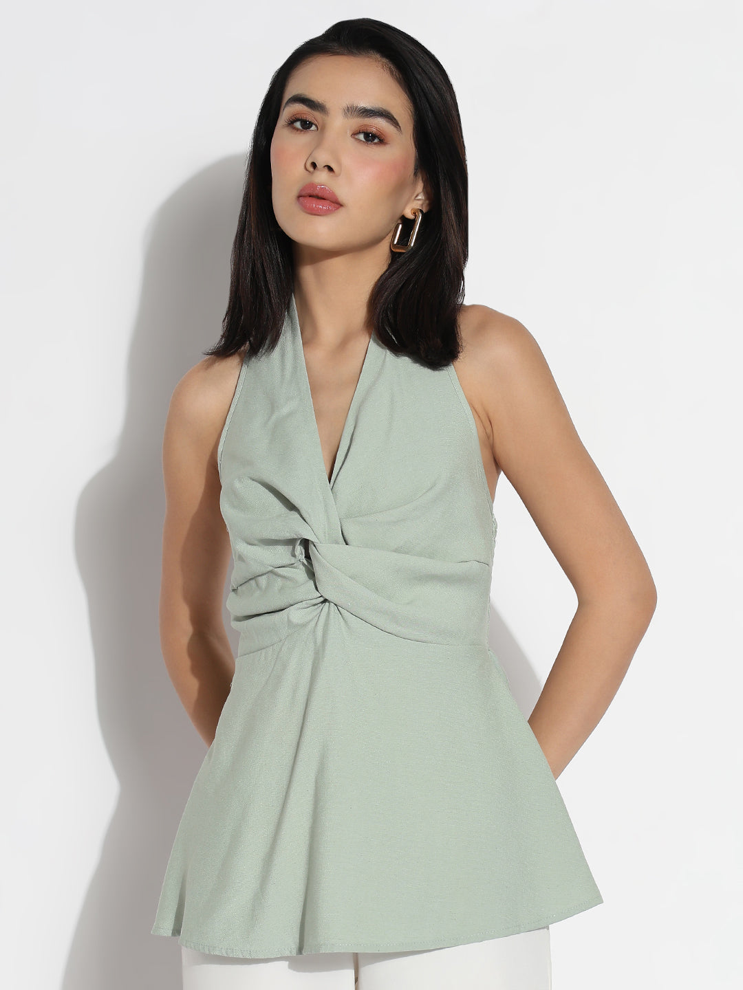 Women Halter Neck Green Solid Peplum Top