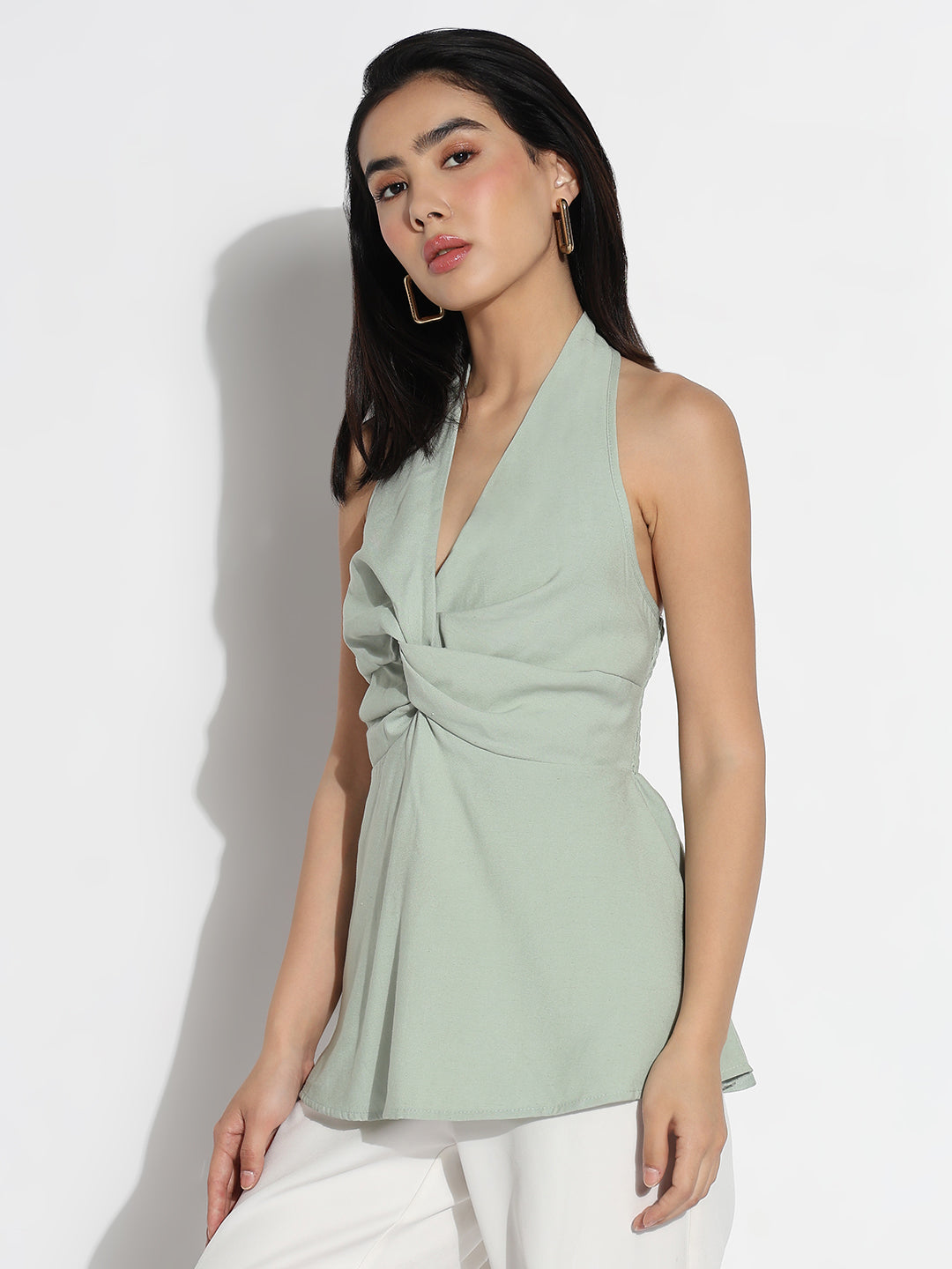 Women Halter Neck Green Solid Peplum Top