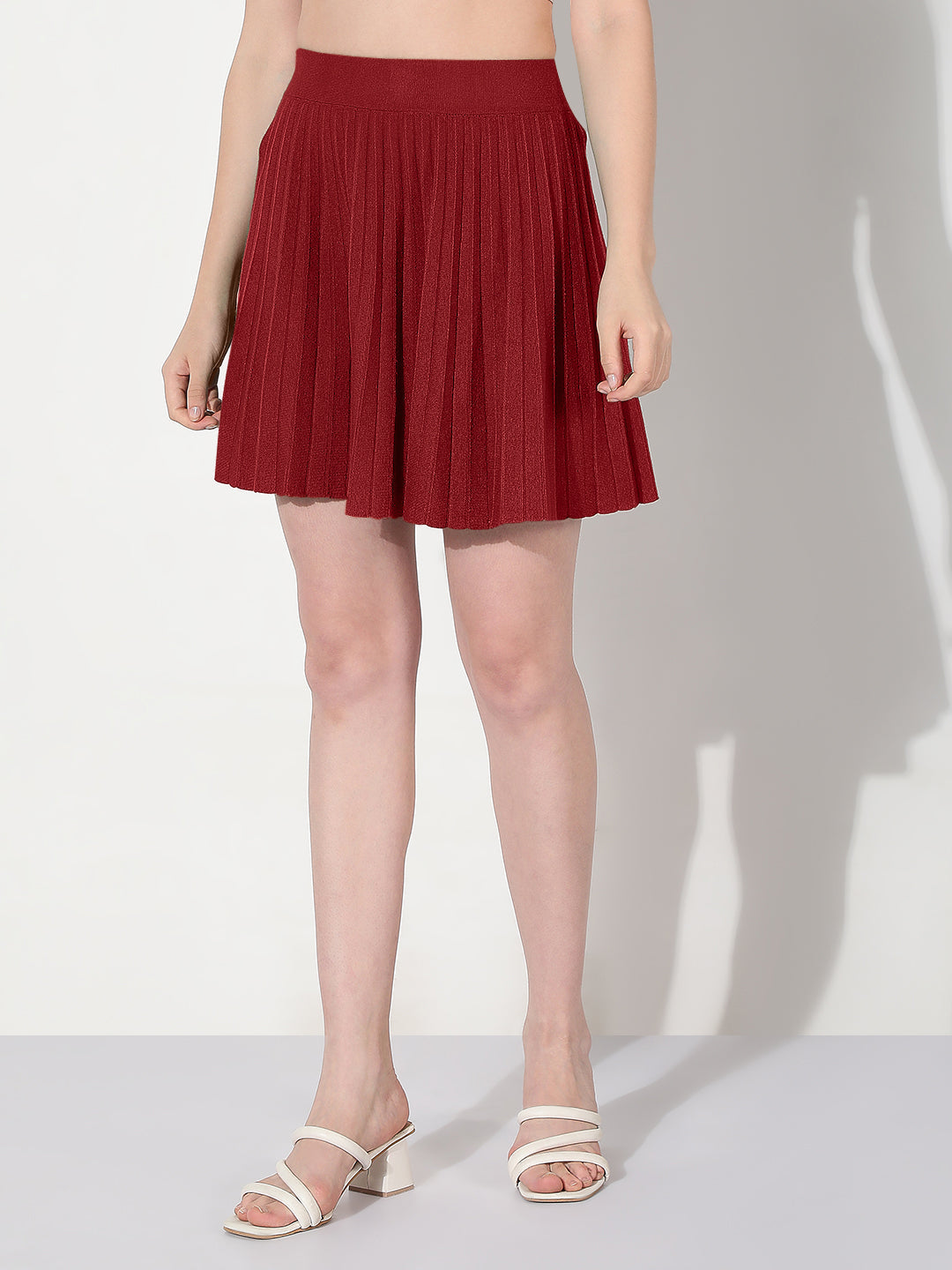 Women's Ribbed Maroon Flared Mini Skirt
