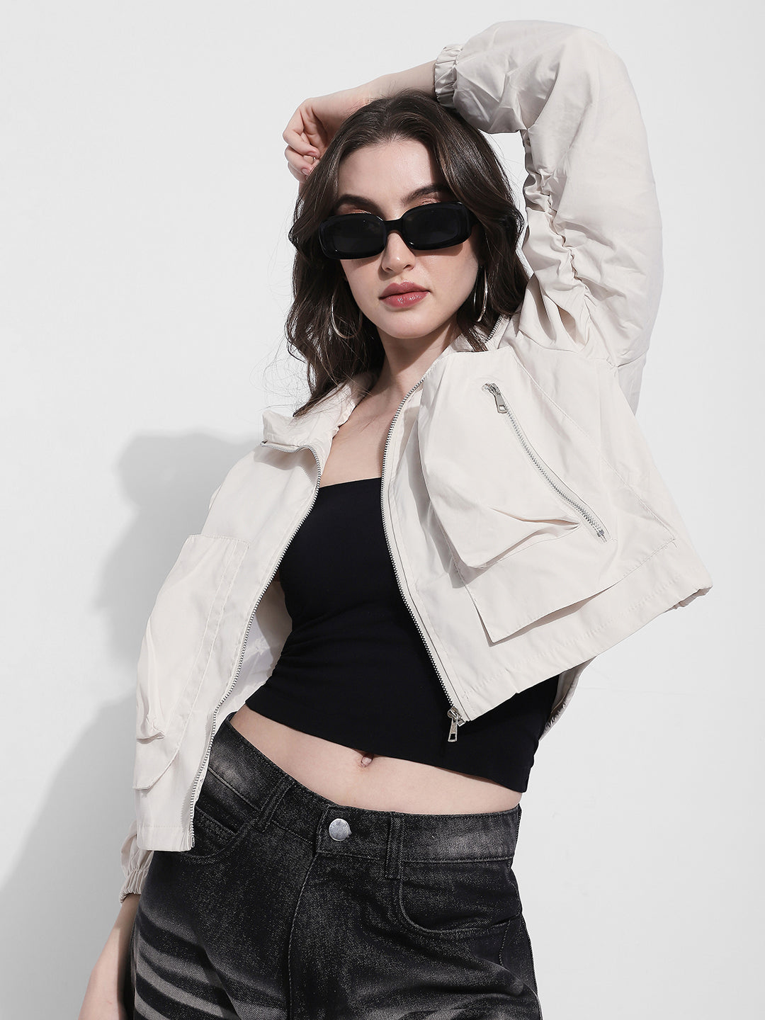 Women's Off White Utility Jacket with Oversized Pocket Detail