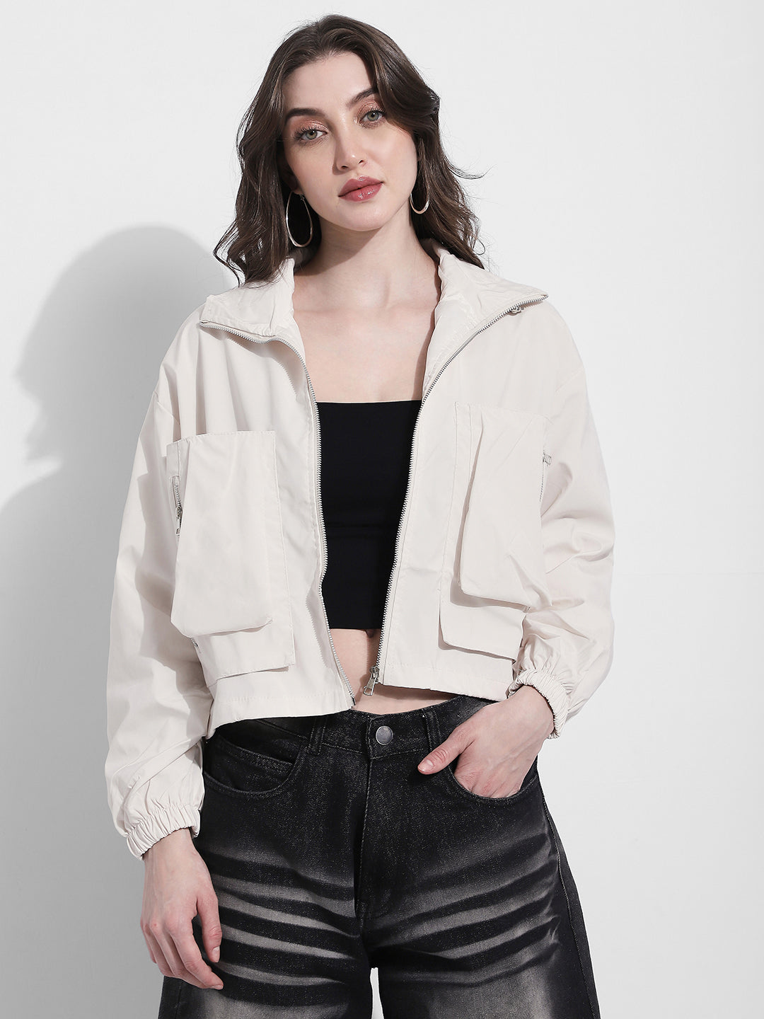 Women's Off White Utility Jacket with Oversized Pocket Detail