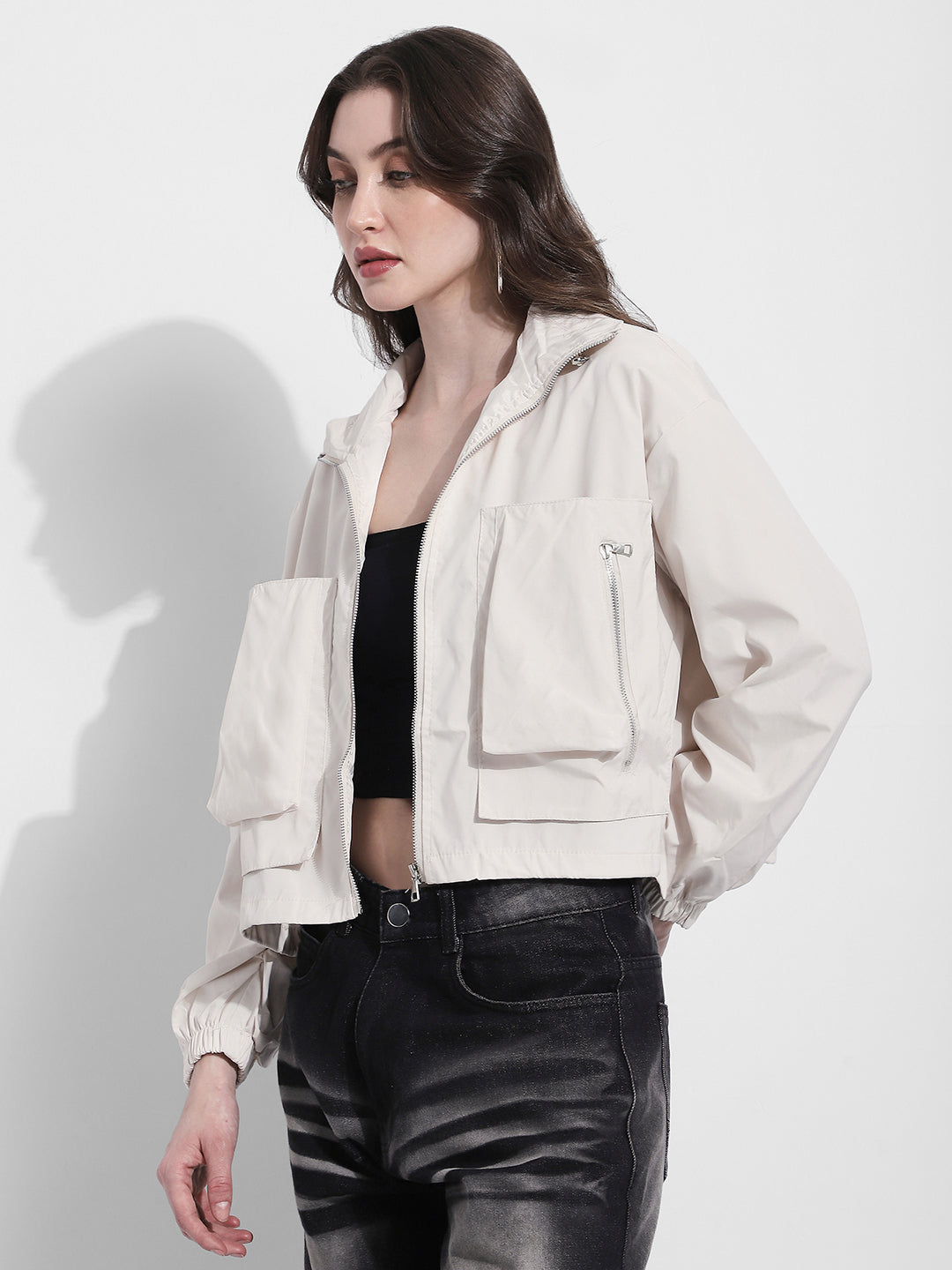 Women's Off White Utility Jacket with Oversized Pocket Detail