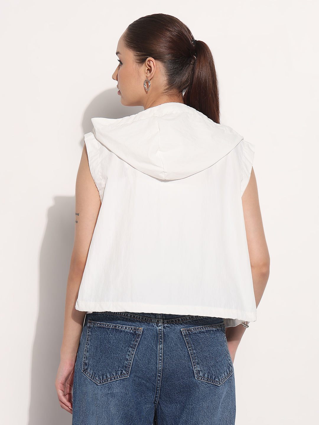 Women's White Hooded Sleeveless Bomber Jacket with Contrast Zipper