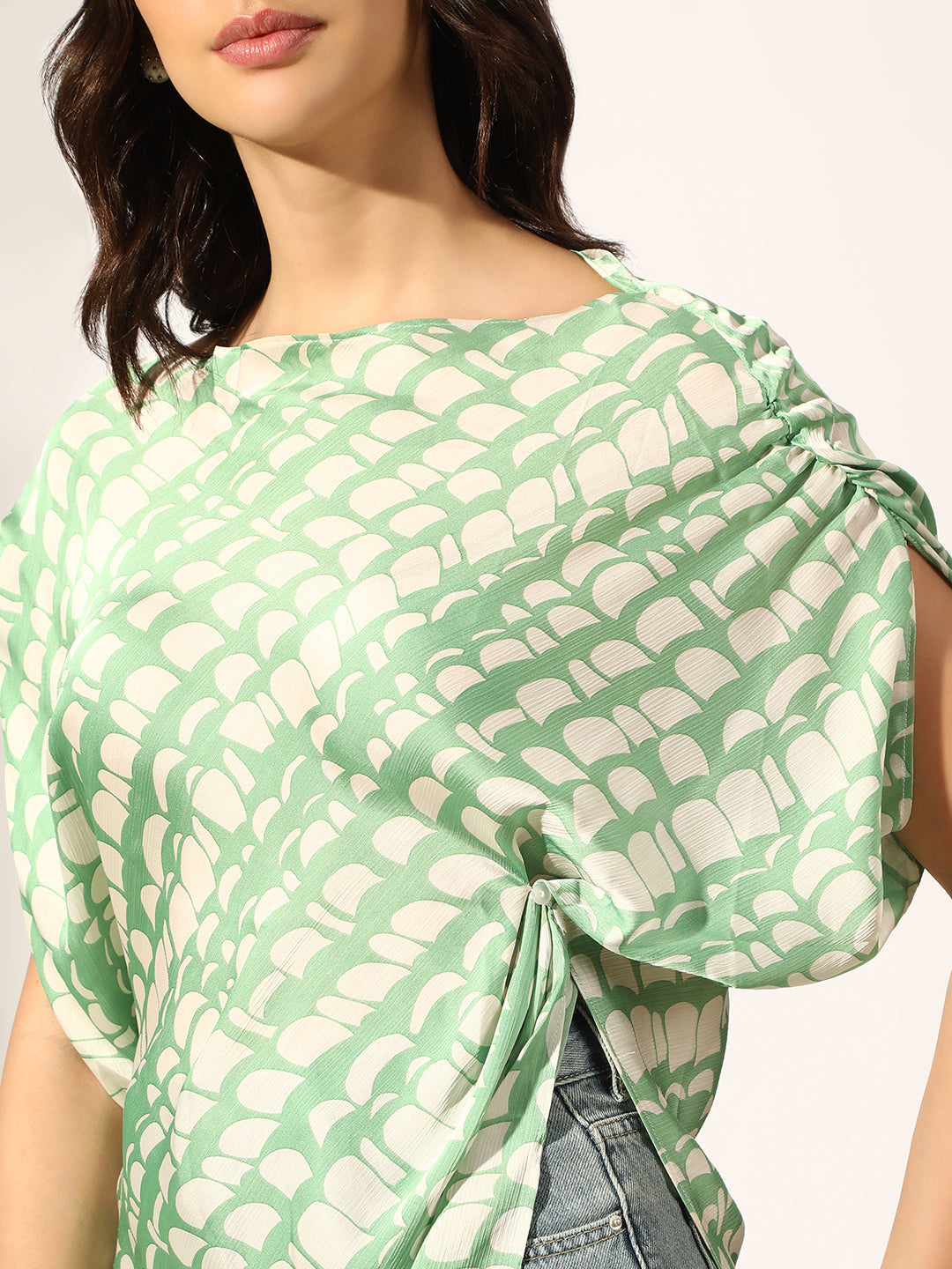 Women's Abstract Print Green Asymmetrical Hem Drape Top
