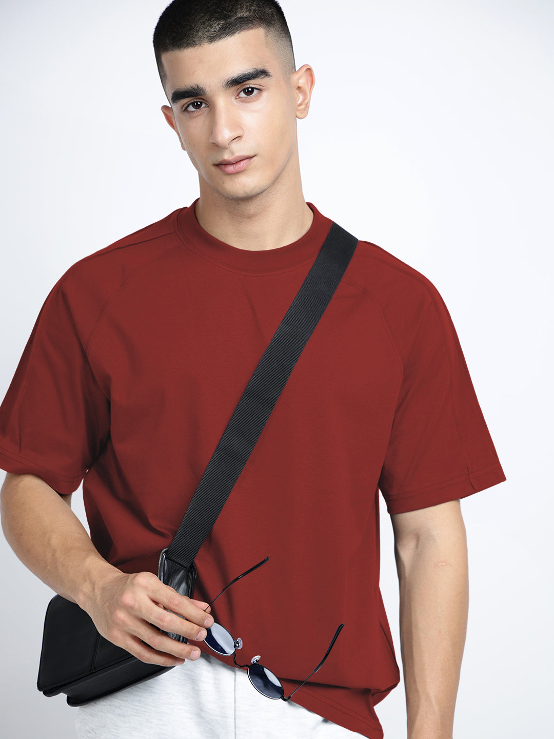 Men's Maroon Short Sleeves Crew Neck Oversized T-Shirt