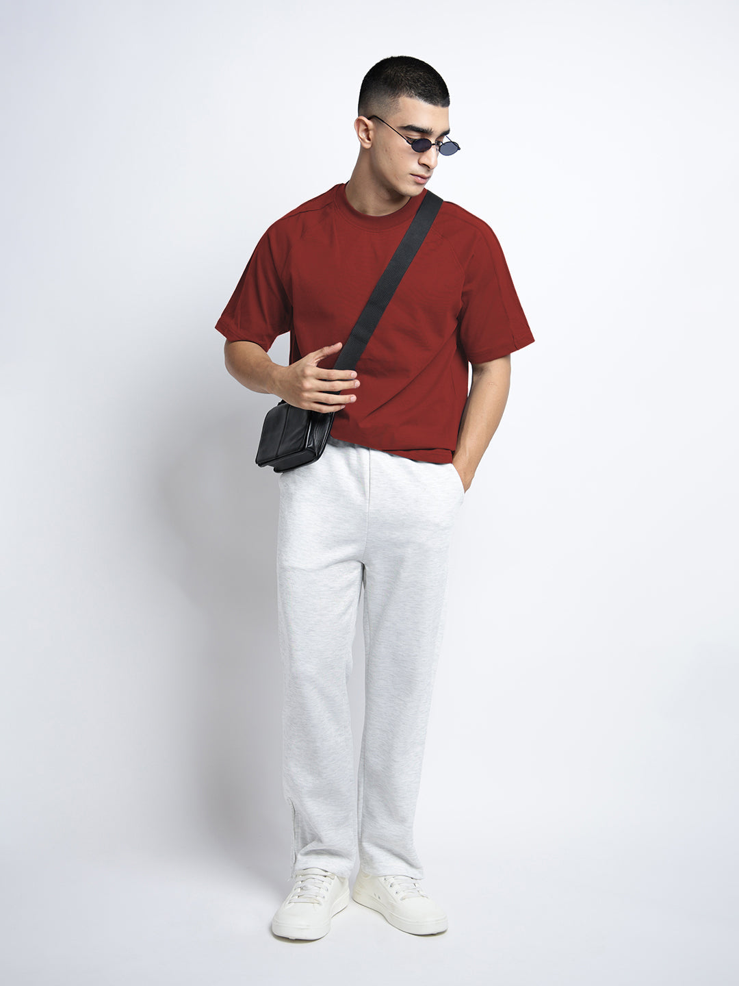 Men's Maroon Short Sleeves Crew Neck Oversized T-Shirt