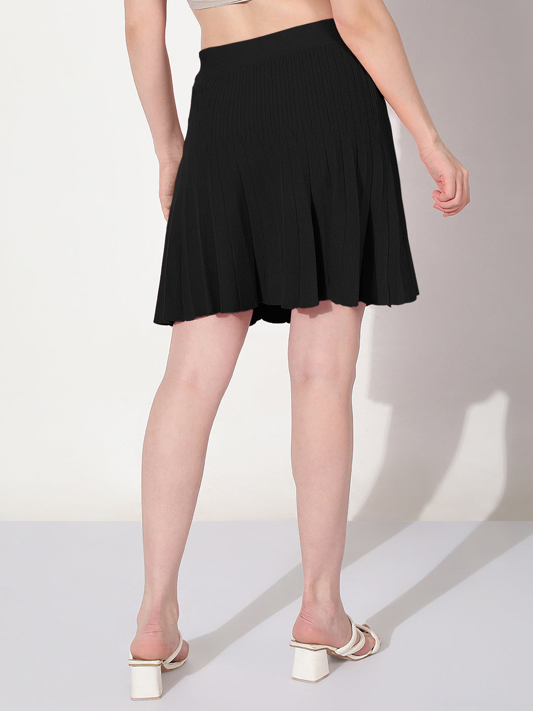 Women's Ribbed Black Flared Mini Skirt