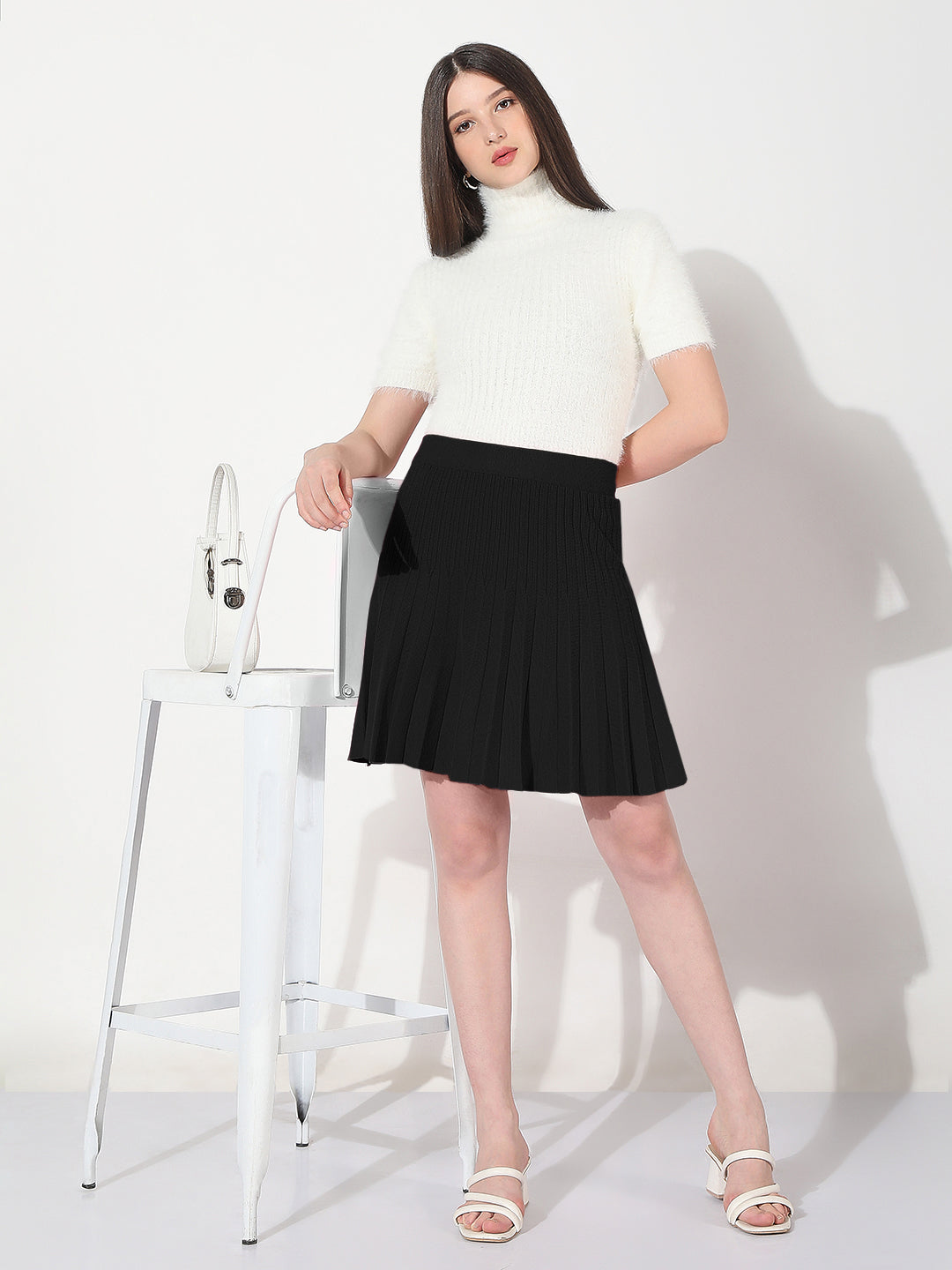 Women's Ribbed Black Flared Mini Skirt