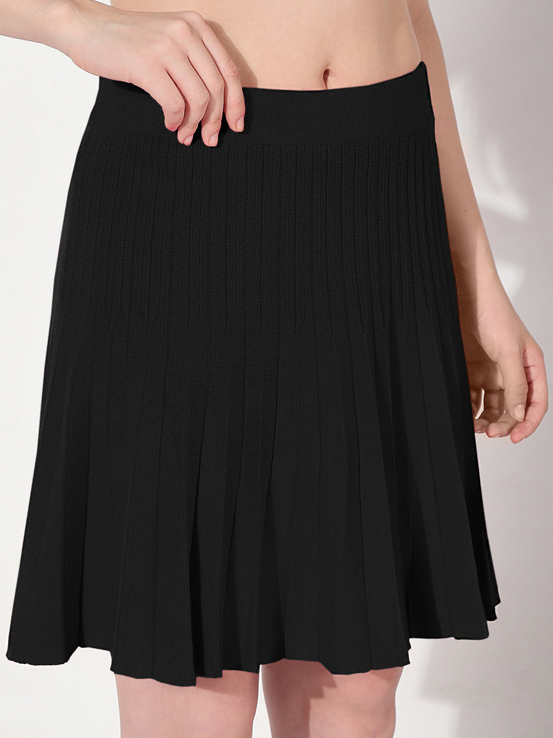 Women's Ribbed Black Flared Mini Skirt