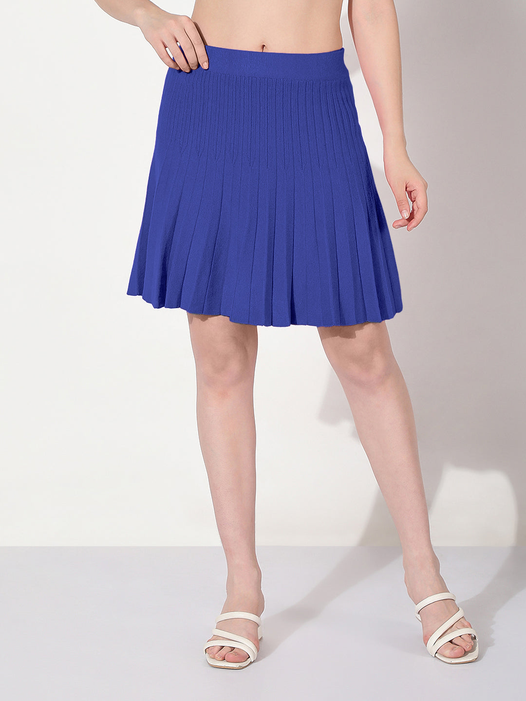 Women's Ribbed Blue Flared Mini Skirt