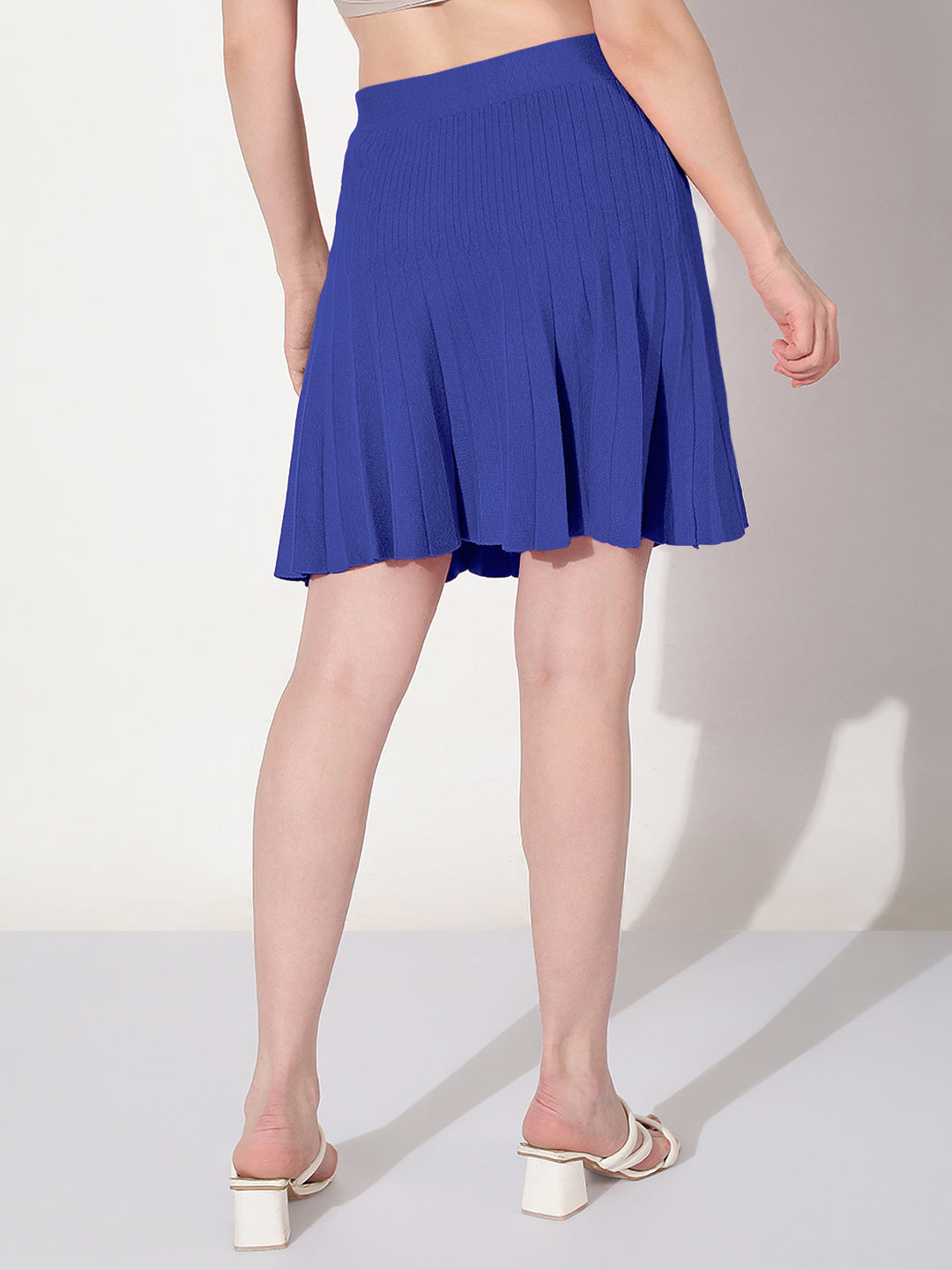 Women's Ribbed Blue Flared Mini Skirt