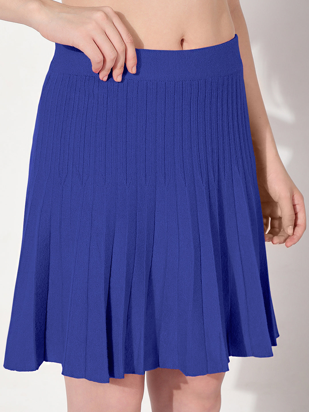 Women's Ribbed Blue Flared Mini Skirt