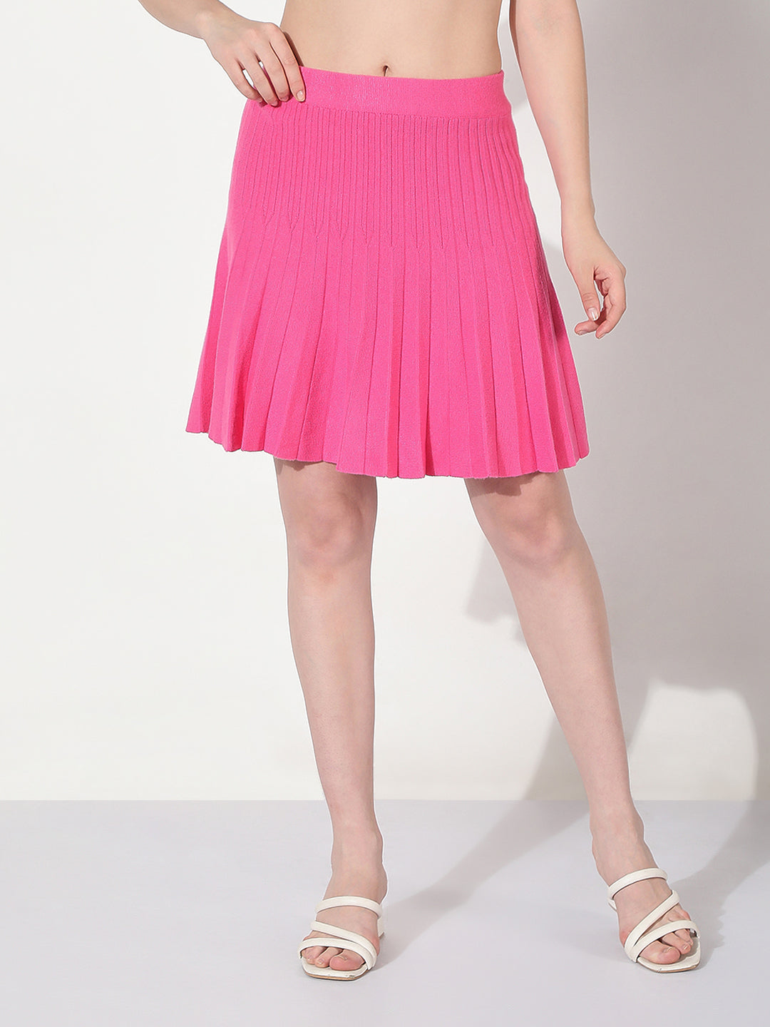 Women's Ribbed Pink Flared Mini Skirt