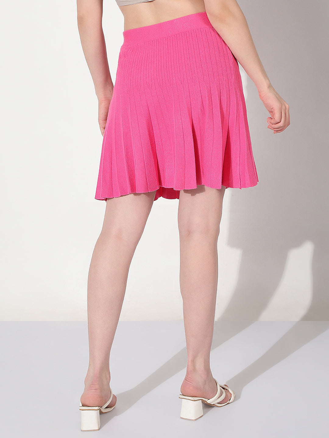 Women's Ribbed Pink Flared Mini Skirt