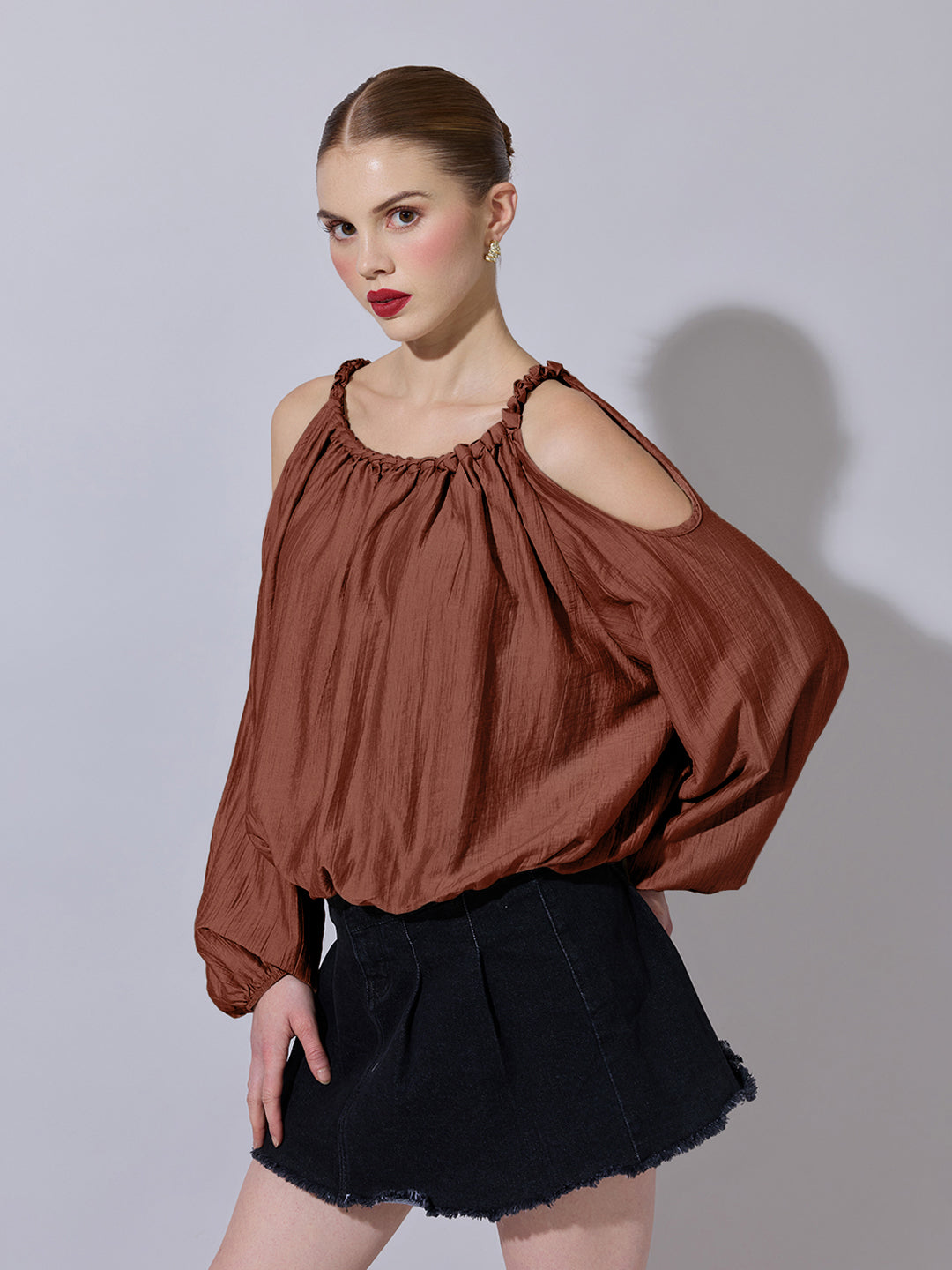 Women's Brown Cold-Shoulder Gathered Top with Balloon Sleeves