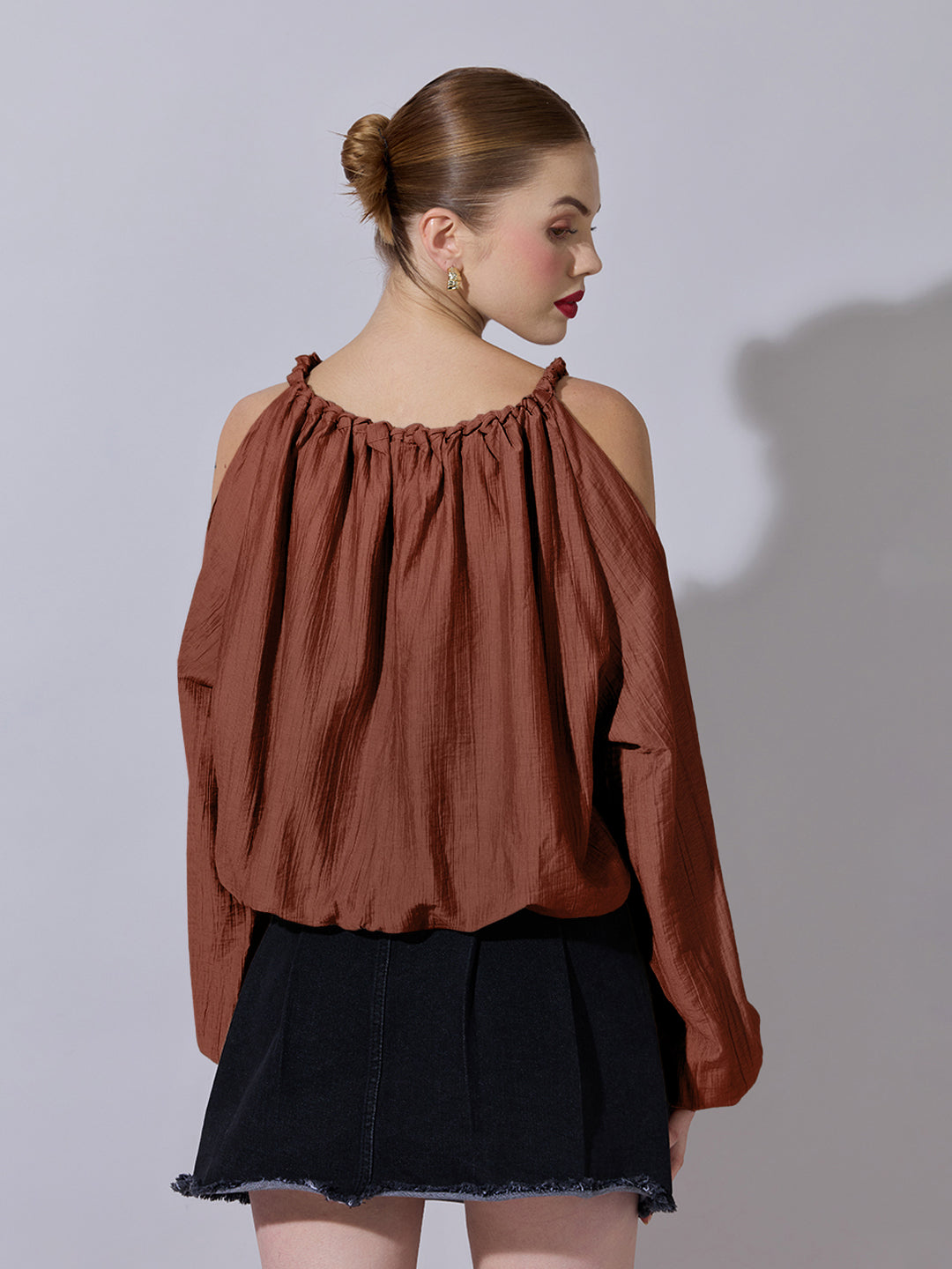 Women's Brown Cold-Shoulder Gathered Top with Balloon Sleeves