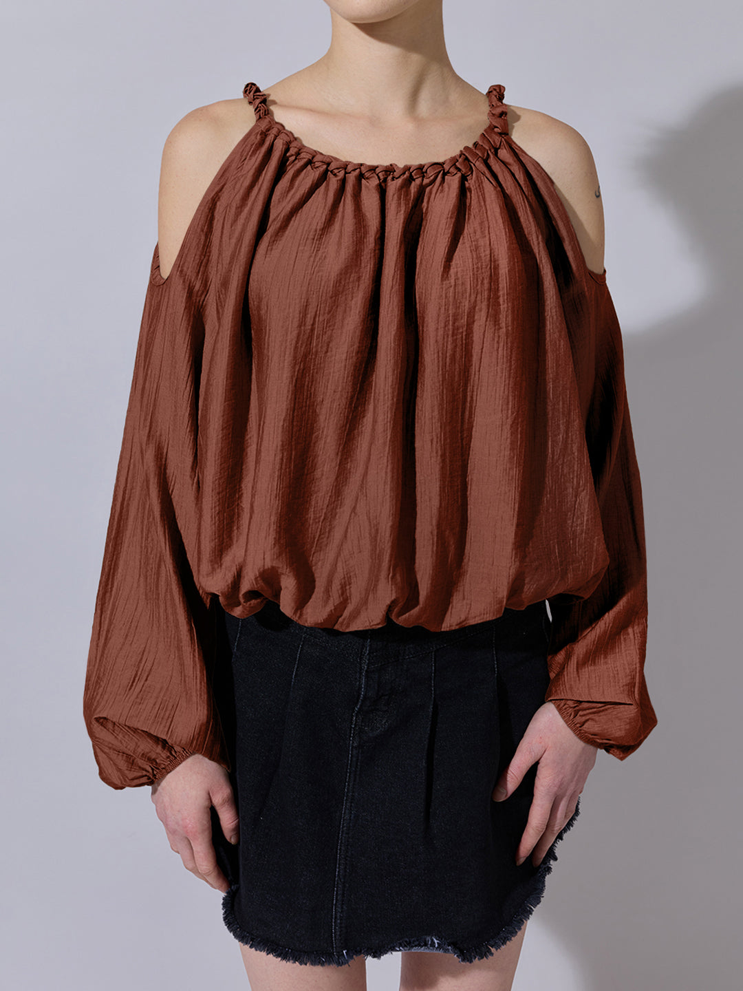 Women's Brown Cold-Shoulder Gathered Top with Balloon Sleeves