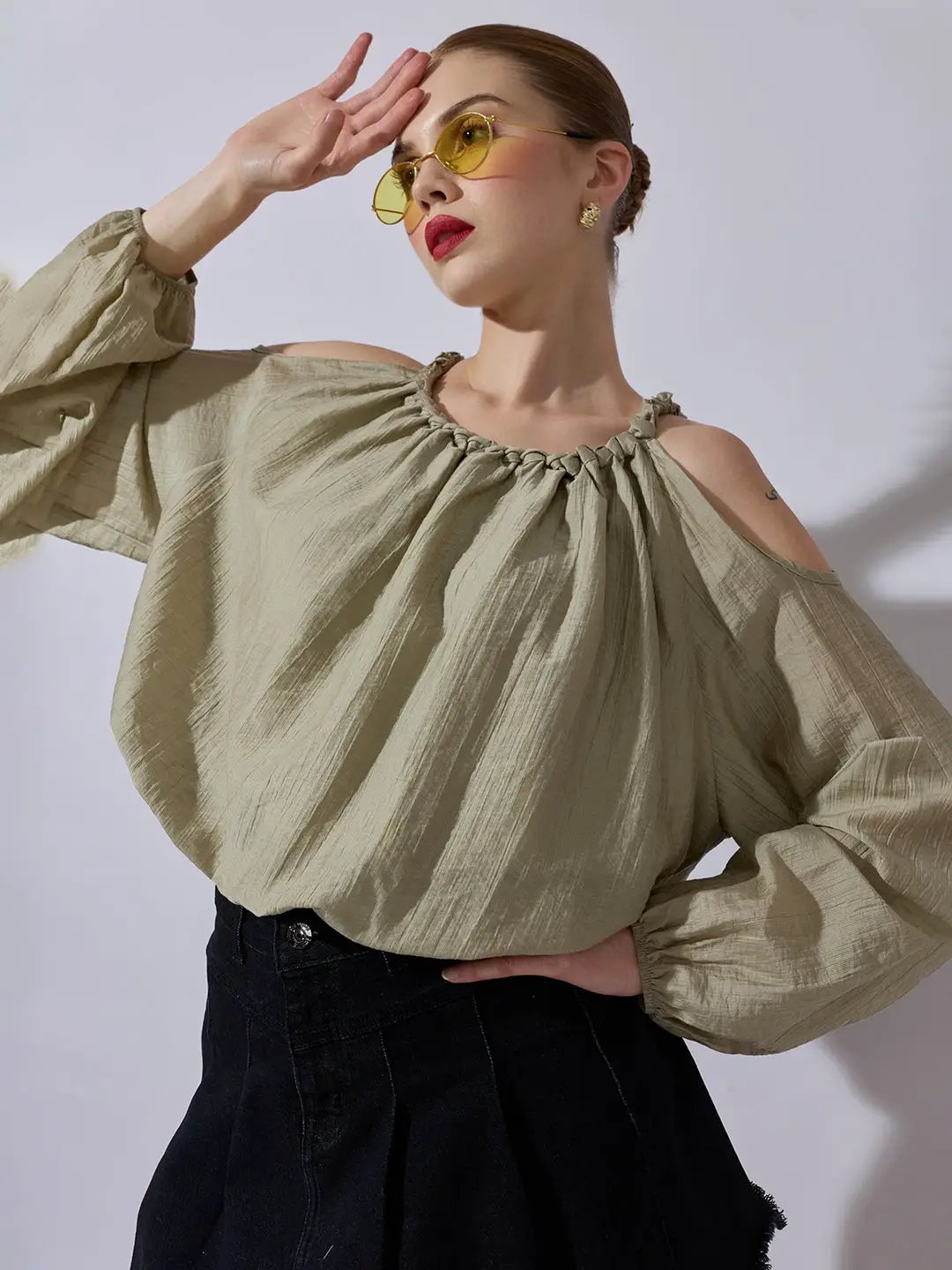 Shop Women's Olive Cold-Shoulder Gathered Top with Balloon Sleeves