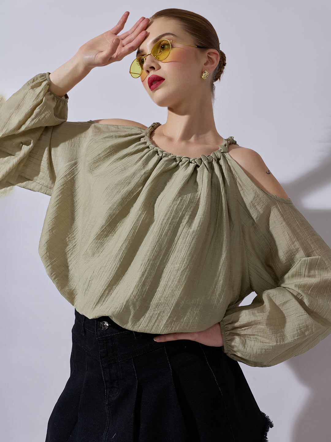 Women's Olive Cold-Shoulder Gathered Top with Balloon Sleeves