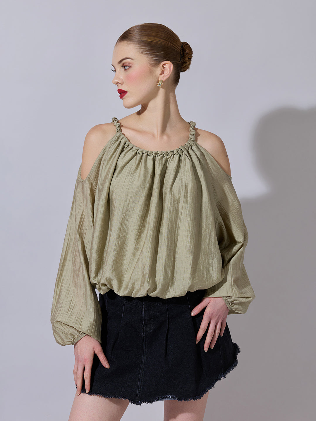 Women's Olive Cold-Shoulder Gathered Top with Balloon Sleeves