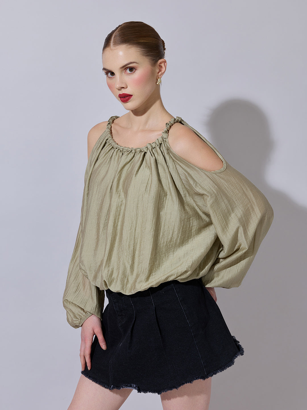 Women's Olive Cold-Shoulder Gathered Top with Balloon Sleeves