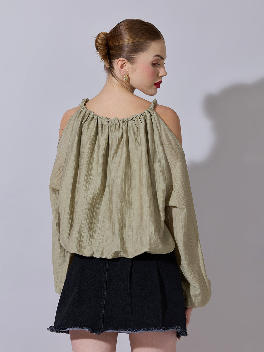 Women's Olive Cold-Shoulder Gathered Top with Balloon Sleeves