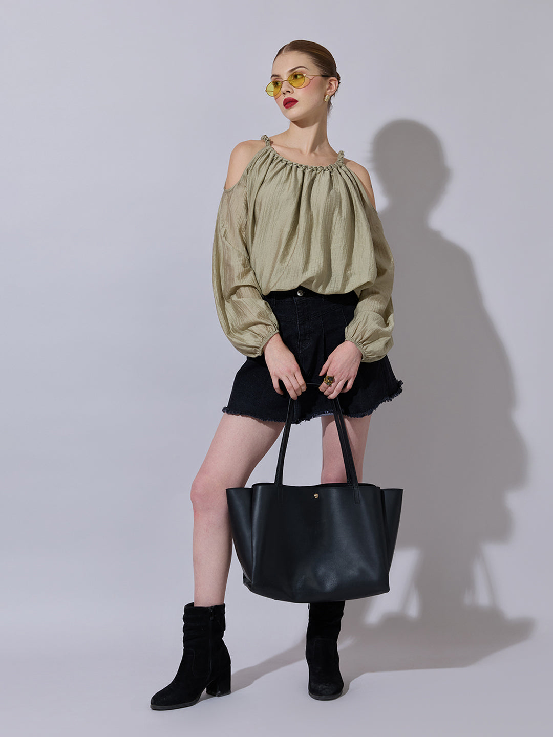 Women's Olive Cold-Shoulder Gathered Top with Balloon Sleeves