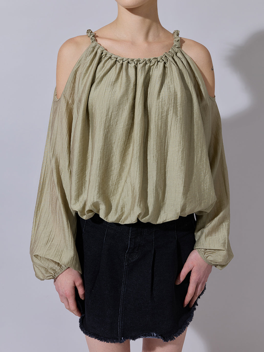 Women's Olive Cold-Shoulder Gathered Top with Balloon Sleeves