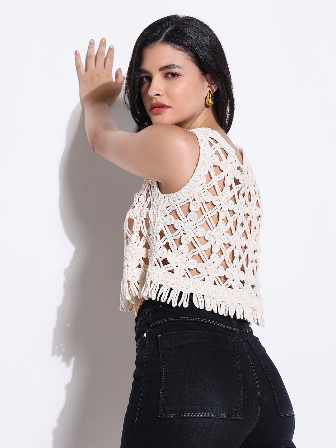 Women Cream Solid Crochet Crop Top