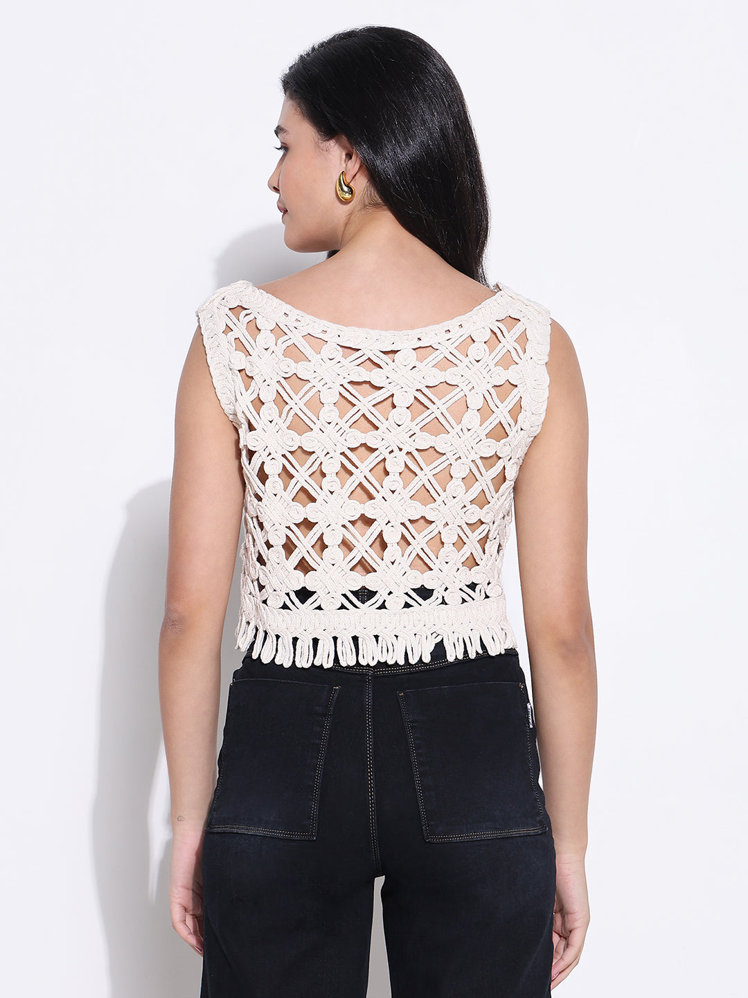 Women Cream Solid Crochet Crop Top