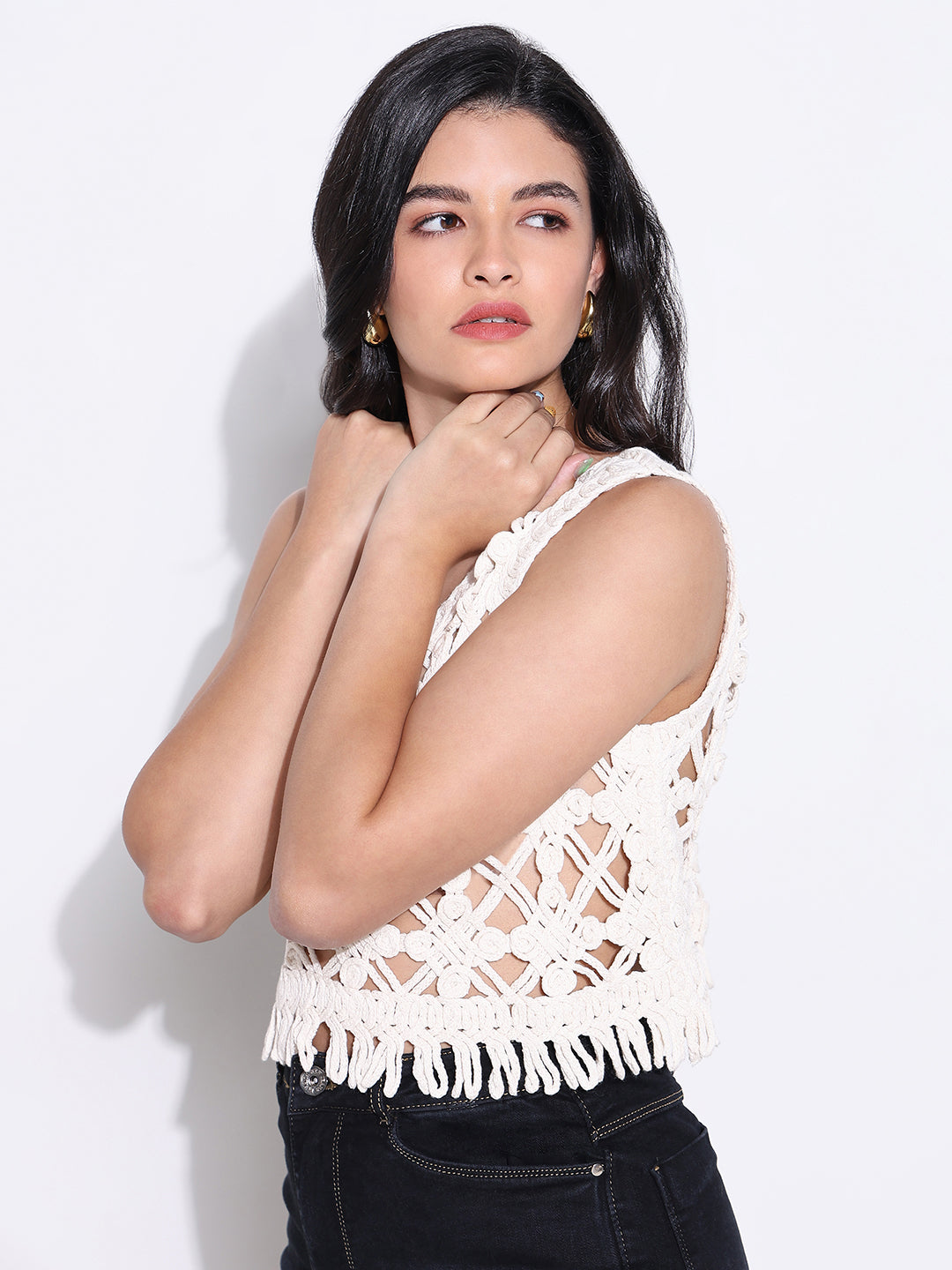 Women Solid White Round Neck Crochet Crop Top